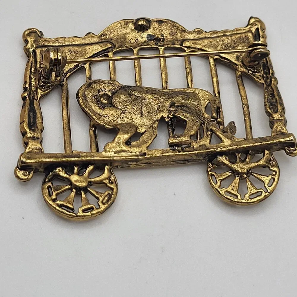 Circus Brooch Lion In Cage Goldtone  2in